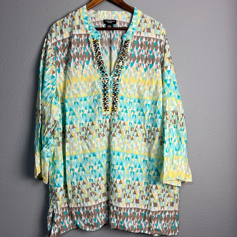 Valerie Stevens Tunic Top Beaded Split‎ Neckline Geometric Print Blouse Plus 24W